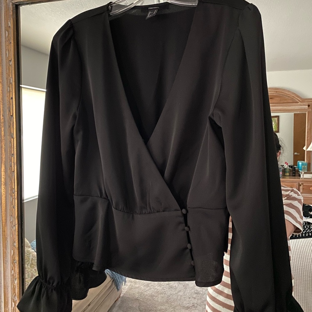 Forever 21 Black Wrap Long Sleeve Blouse Elegant Satin